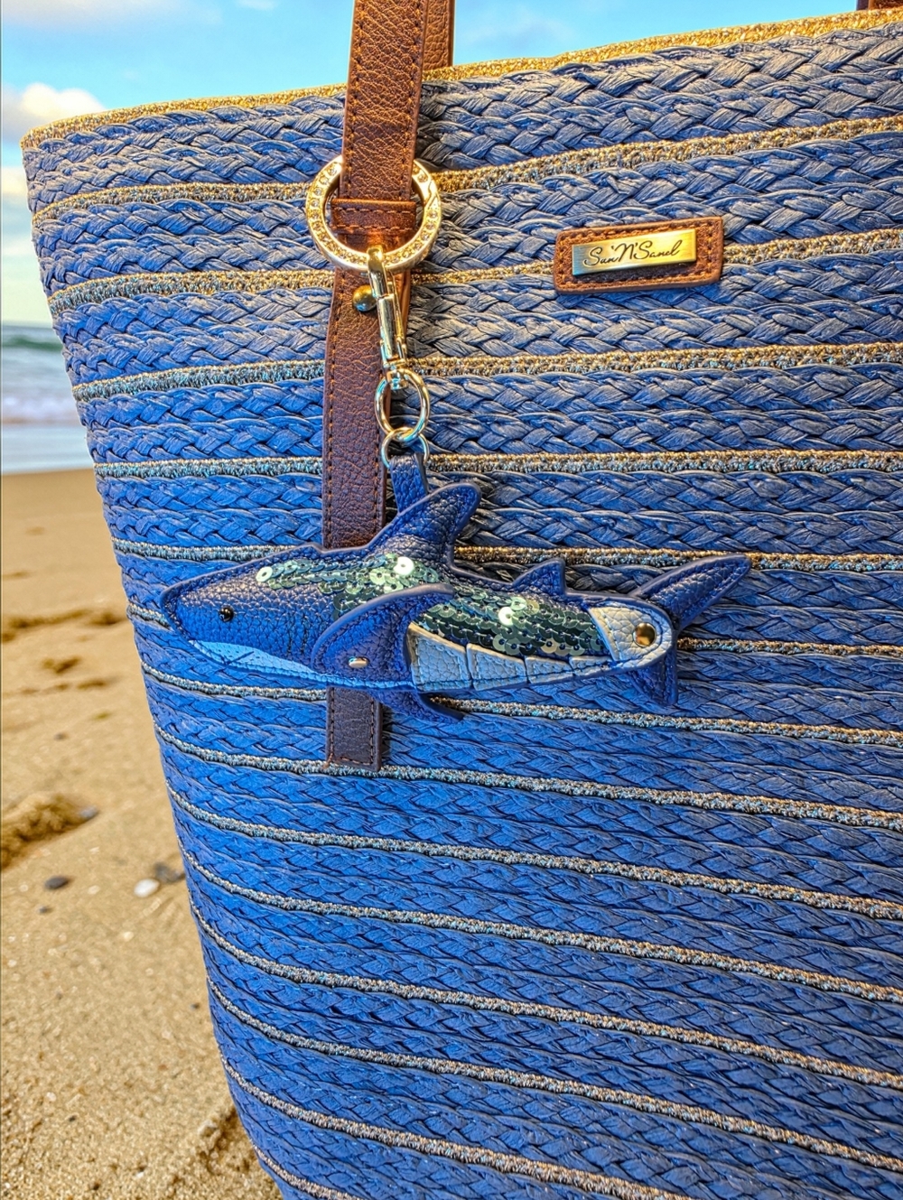 SALE!! Striped Blue & Tan Woven Straw Tote Bag with Shark Charm  NWT